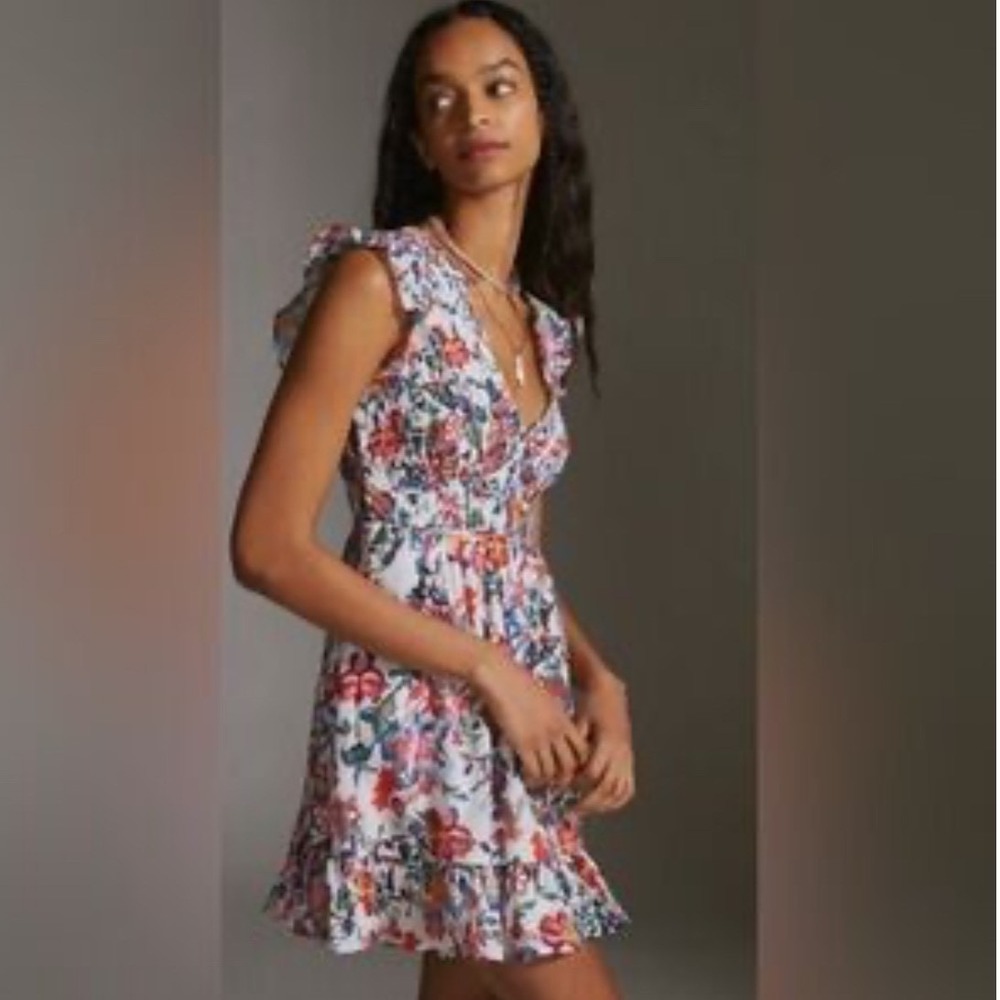 ANTHROPOLOGIE Floral Slocked Mini Dress Size Parge Petite‎